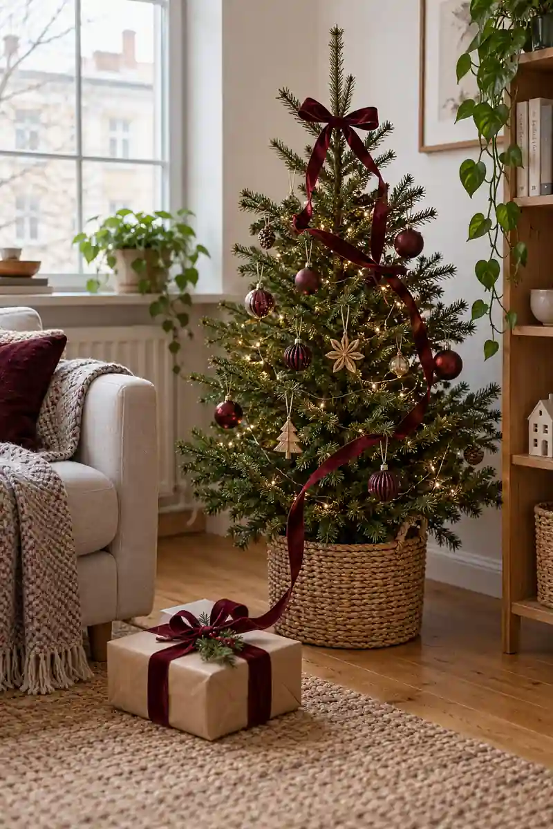 Small apartment christmas tree and wrapped gift connected by matching burgundy ribbon