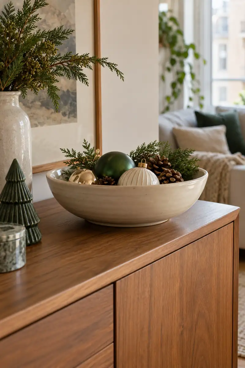 Everyday cream serving bowl with a few coordinated christmas ornaments on apartment sideboard