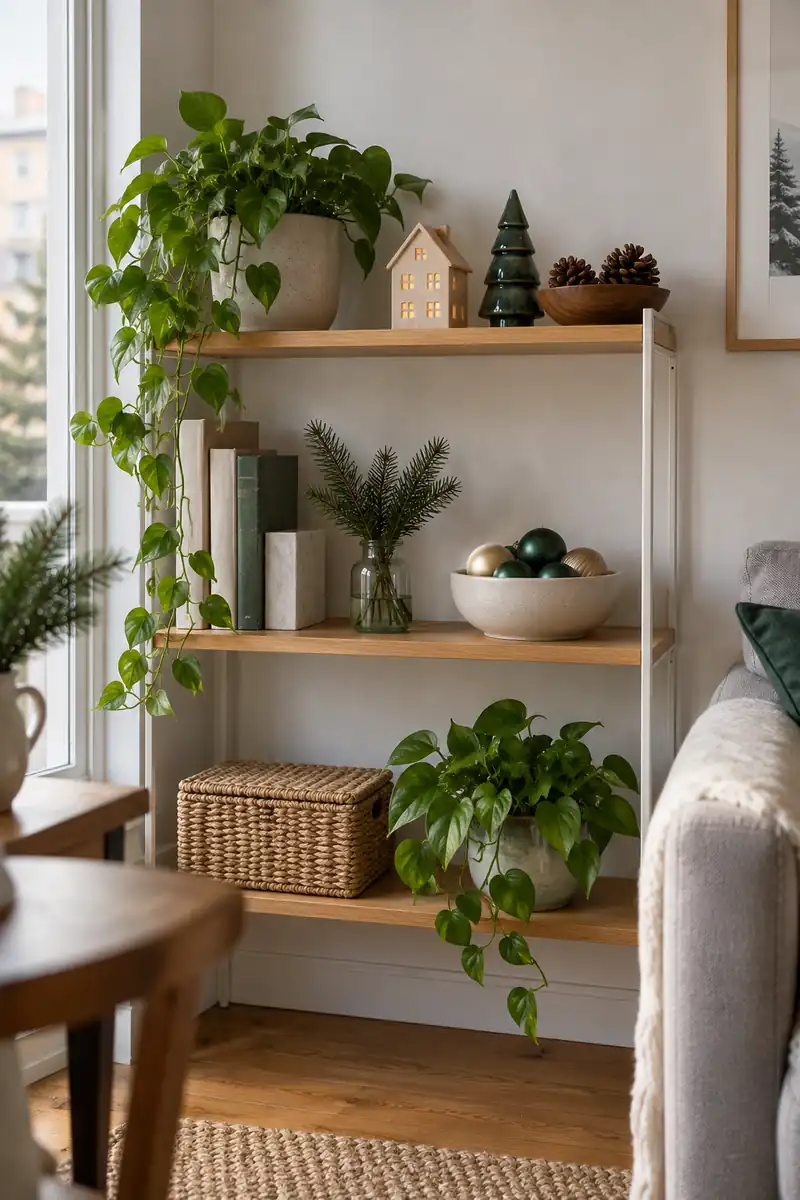 Edited small apartment christmas shelf with a few well spaced existing decorations
