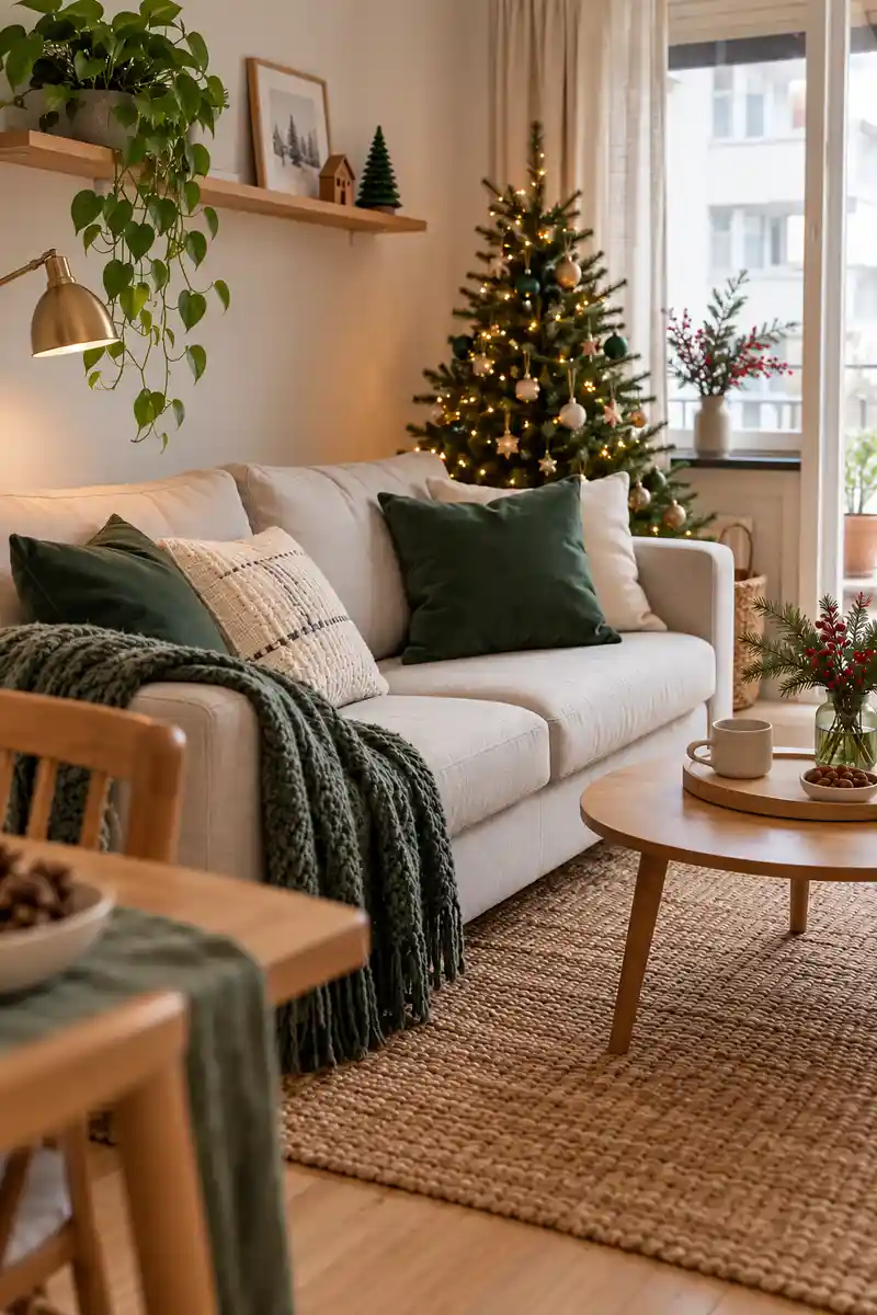 Apartment sofa with existing cushion inserts in simple green and cream covers and modest christmas accents