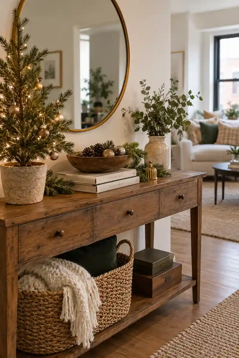 Carefully rearranged apartment christmas console using existing bowl books and small tree