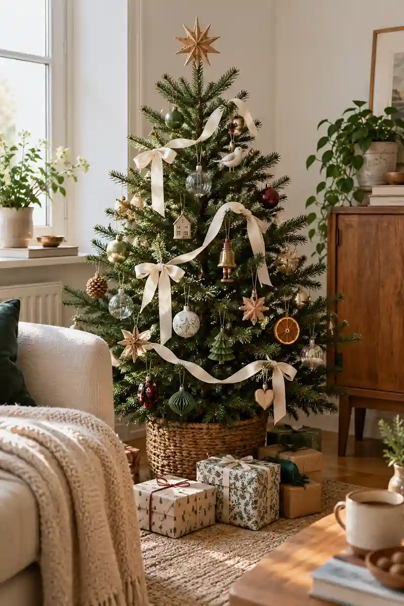 Small christmas tree with varied favorite ornaments unified by plain cream ribbon