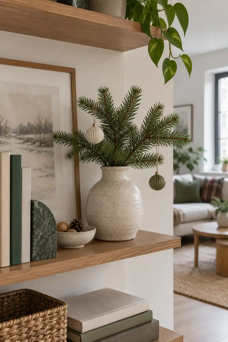 Existing everyday pottery vase with short faux evergreen stem on apartment shelf
