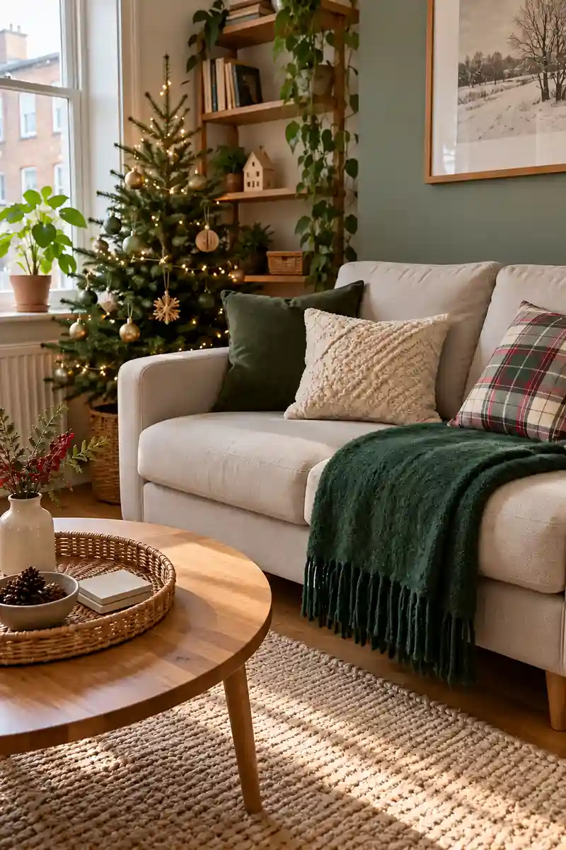 Small sofa with useful deep green throw neatly folded beside subtle christmas decor