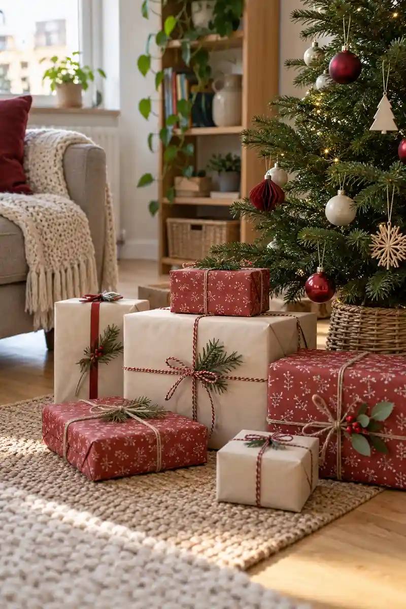 Christmas gifts wrapped in coordinated leftover plain cream and muted red patterned paper