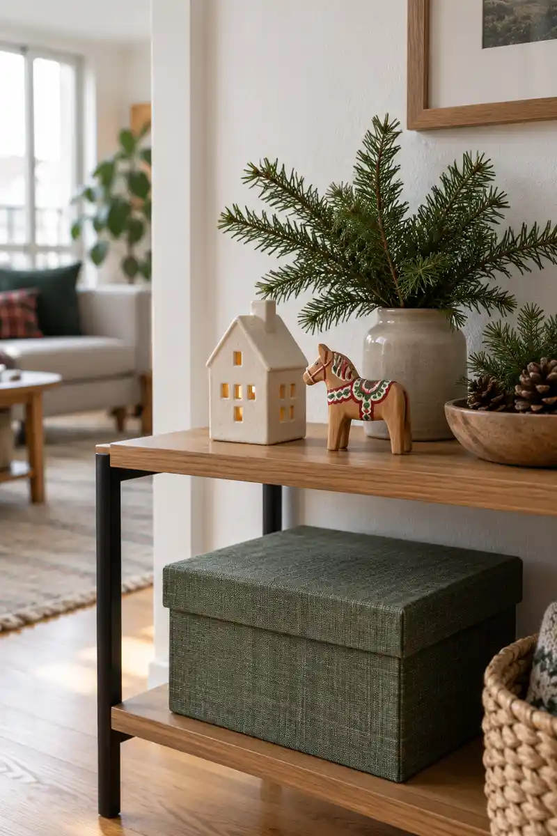 Small christmas shelf display with two favorite ornaments and a nearby closed seasonal storage box