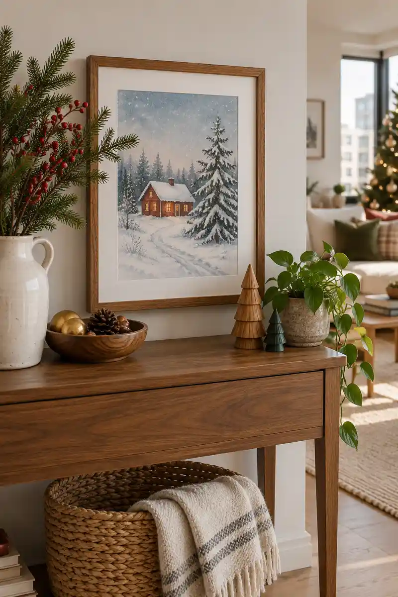 Favorite illustrated christmas card displayed in existing wooden frame on apartment console