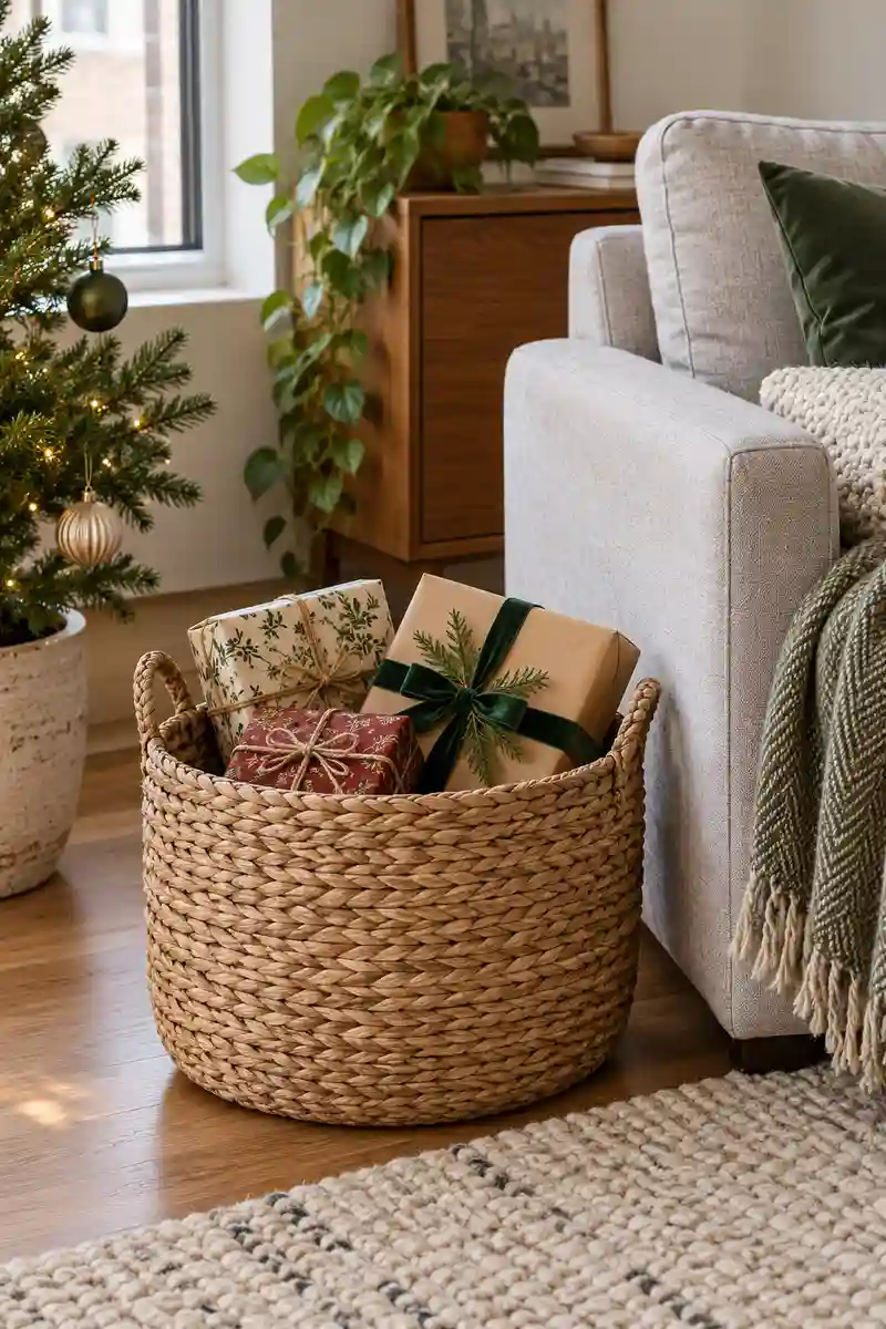 Existing woven basket holding a few neatly wrapped christmas gifts beside apartment sofa