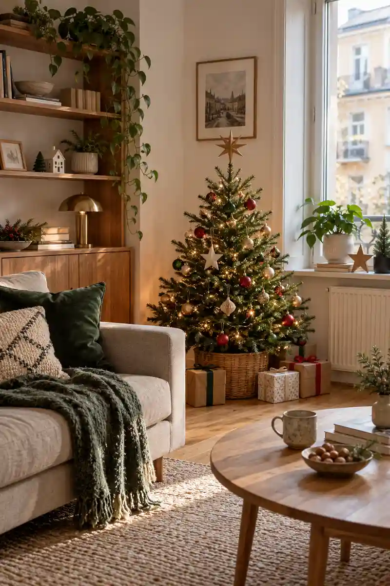 Thoughtfully styled apartment christmas corner with one compact tree and familiar everyday furniture