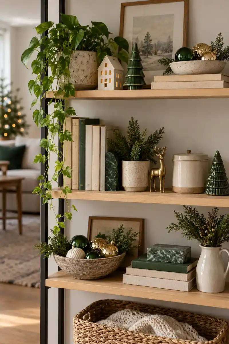 Christmas shelf with mixed existing ceramics books and ornaments connected through cream and green