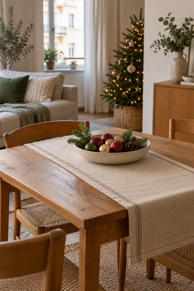 Small dining table with neatly folded plain cloth runner and single low christmas ornament bowl