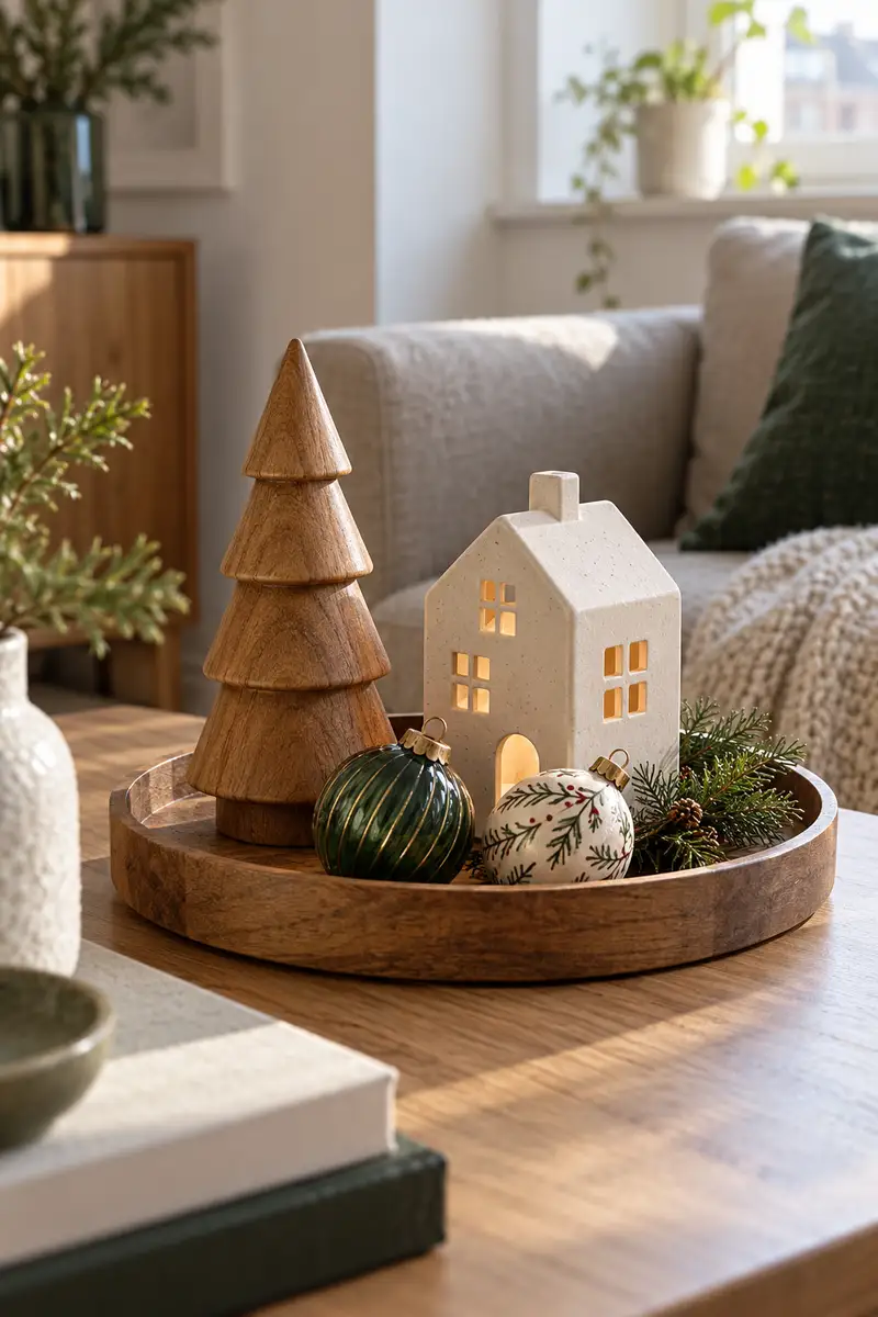 Small existing tray grouping a wooden tree ceramic house and two favorite christmas ornaments