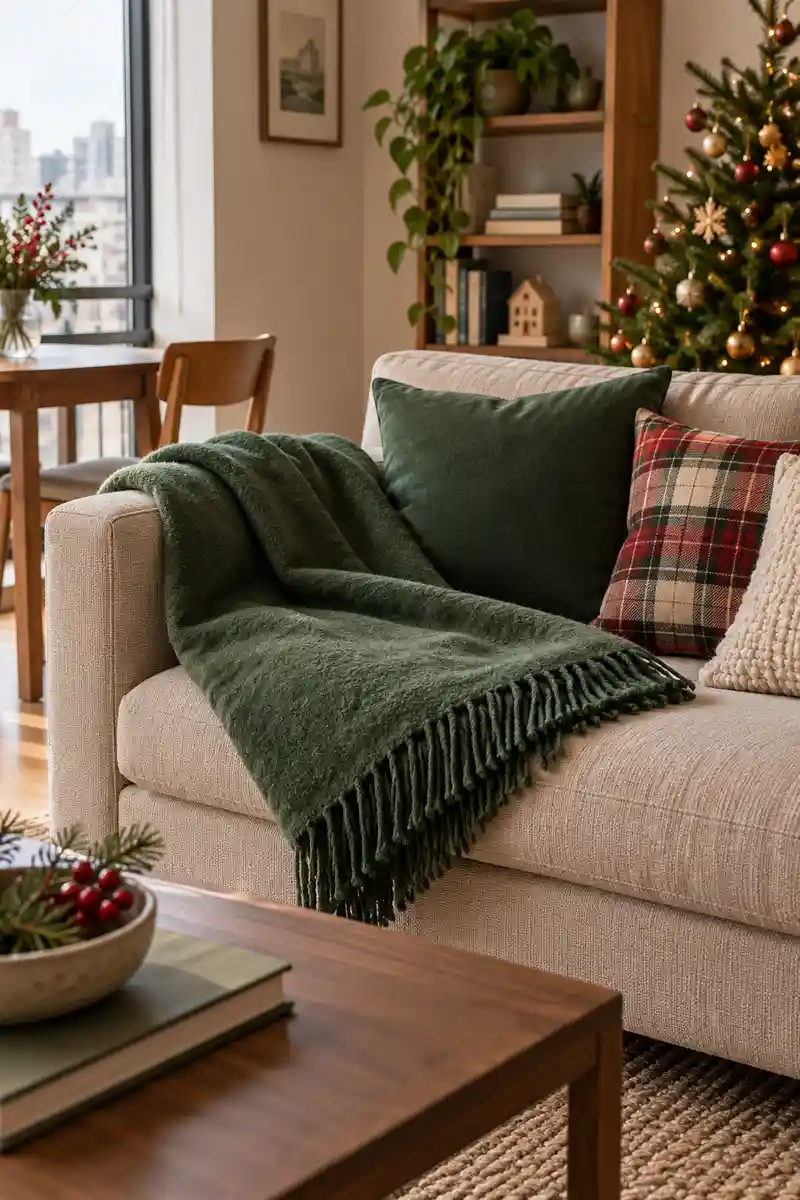 Reversible throw folded to show its plain green side on apartment sofa with christmas accents