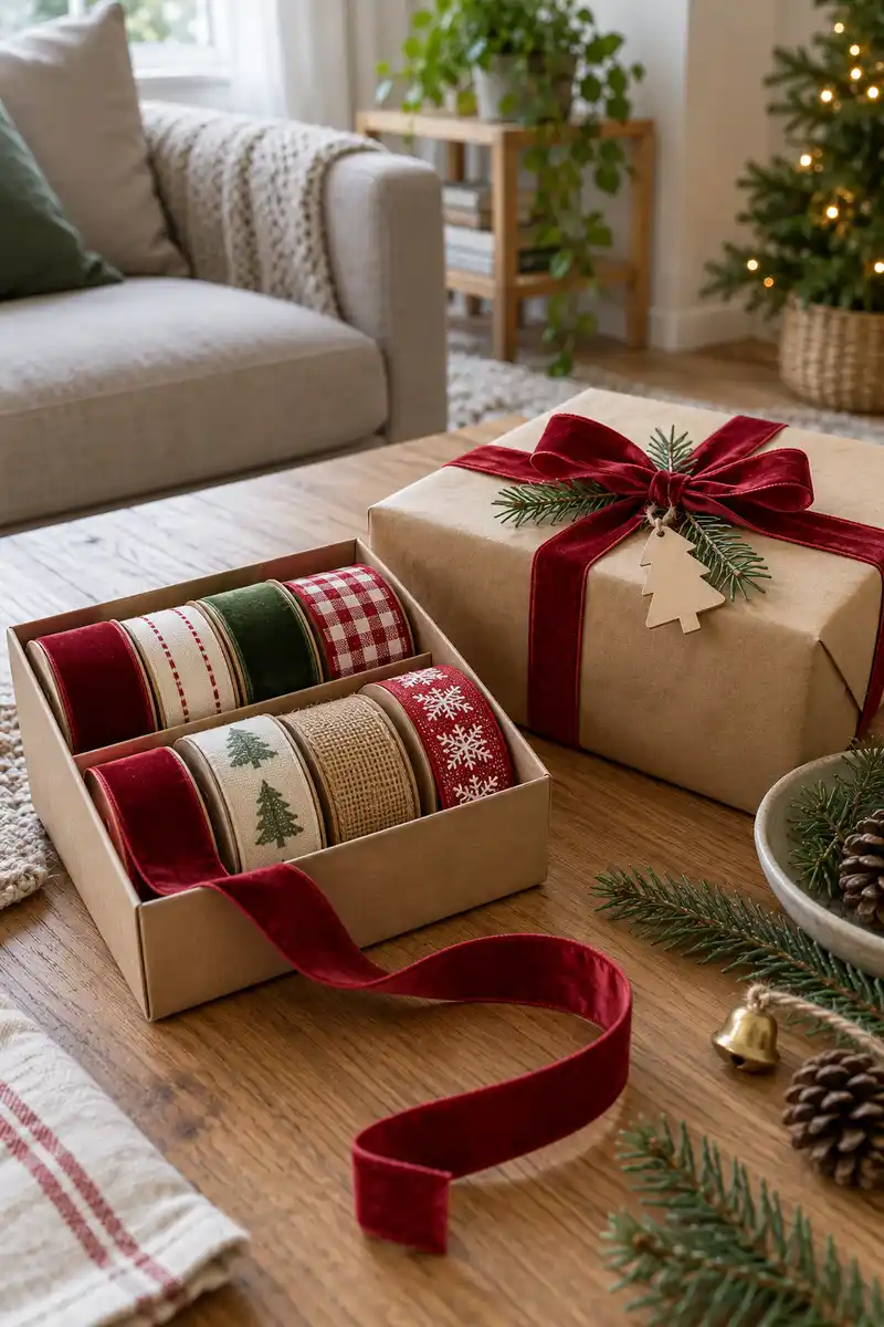Small organized box of clean rolled reusable christmas ribbon beside neatly wrapped gift