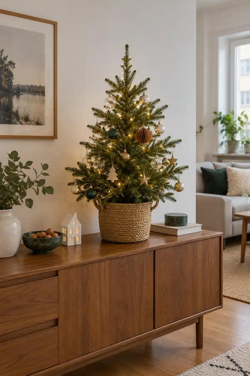 Familiar small christmas tree newly placed on clear apartment sideboard with room around it