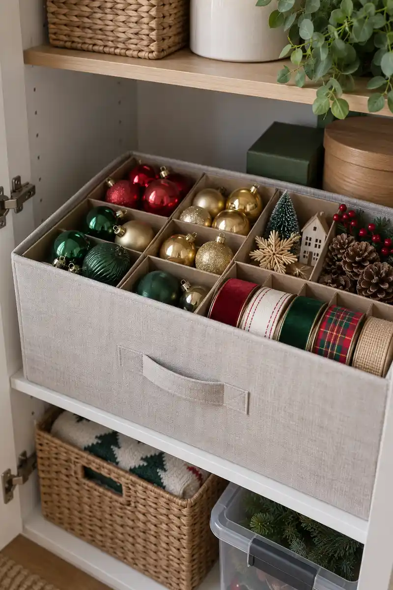 Organized christmas storage box with carefully separated ornaments and neatly rolled ribbon in apartment cupboard