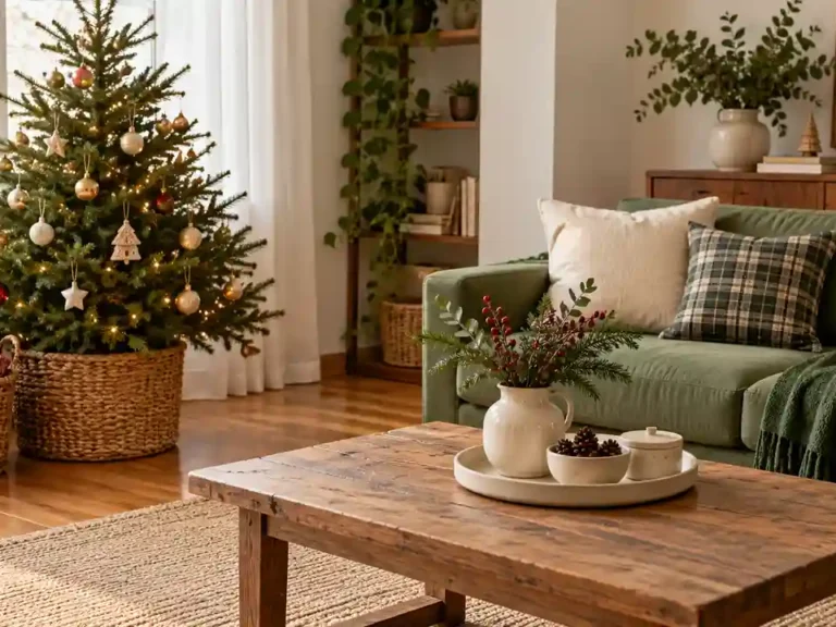 Thoughtfully styled apartment Christmas room using familiar pottery, a woven basket and simple textiles