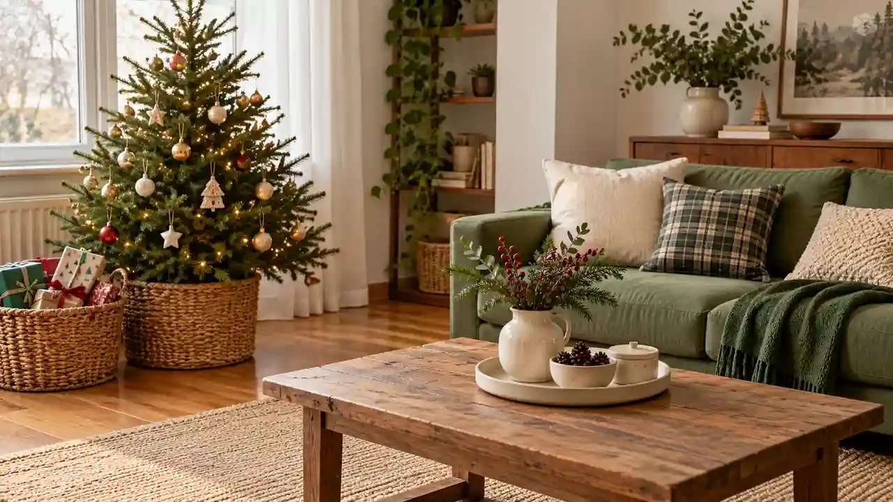 Thoughtfully styled apartment Christmas room using familiar pottery, a woven basket and simple textiles