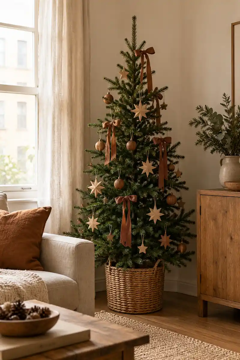 Slim green Christmas tree with natural wooden stars and brown cotton ribbon.