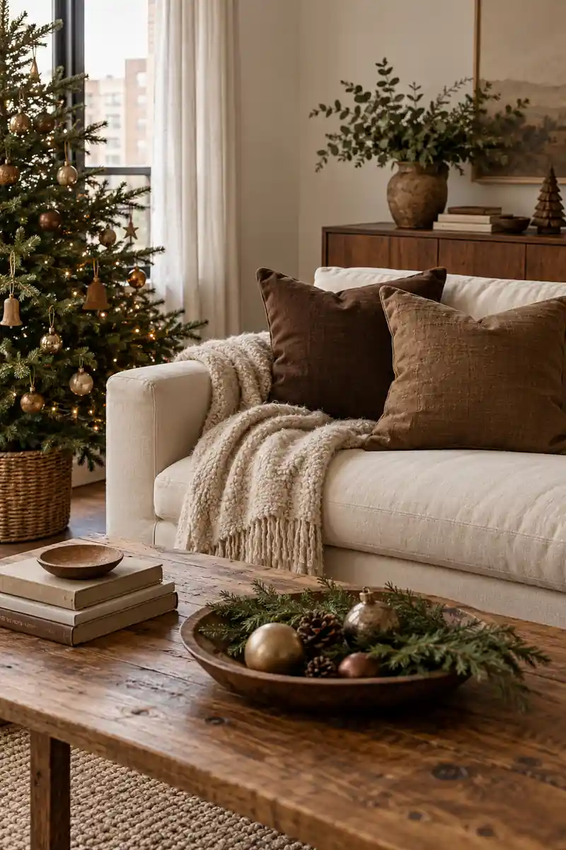 Cream sofa with cocoa brown linen cushions and an oatmeal throw.