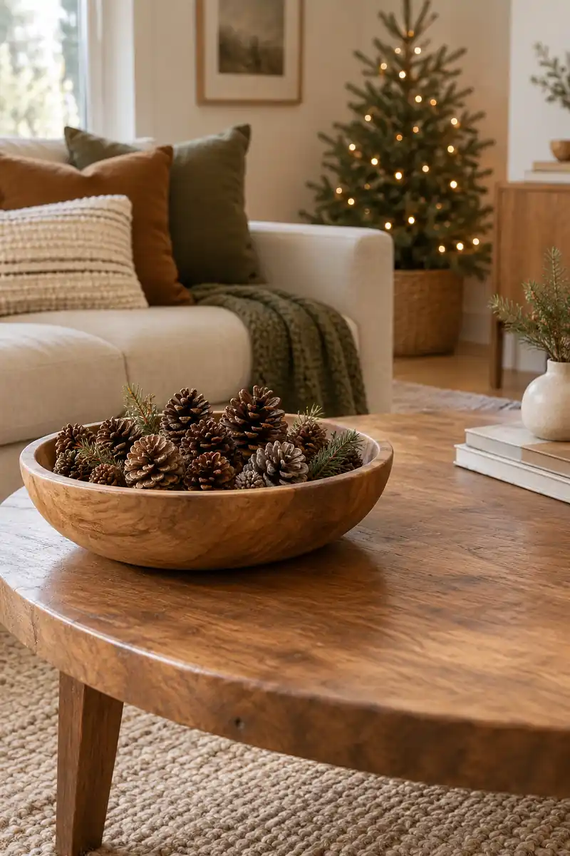 Shallow wooden bowl filled with natural pinecones on a small coffee table.