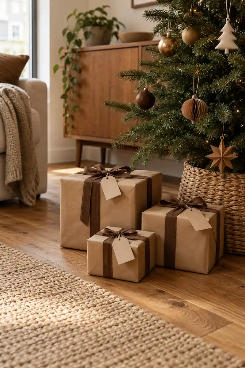 Kraft paper Christmas gifts tied with brown cotton ribbons beside a small tree.