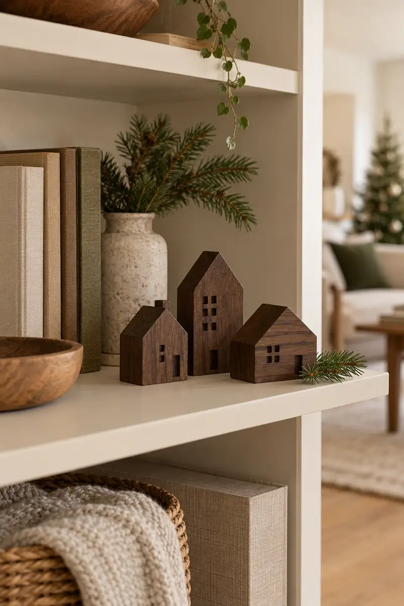 Three dark wooden house ornaments with a little evergreen sprig on a pale shelf.