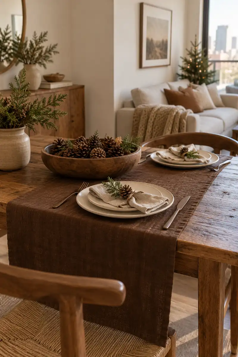 Brown linen runner with cream plates and a small wooden pinecone bowl.