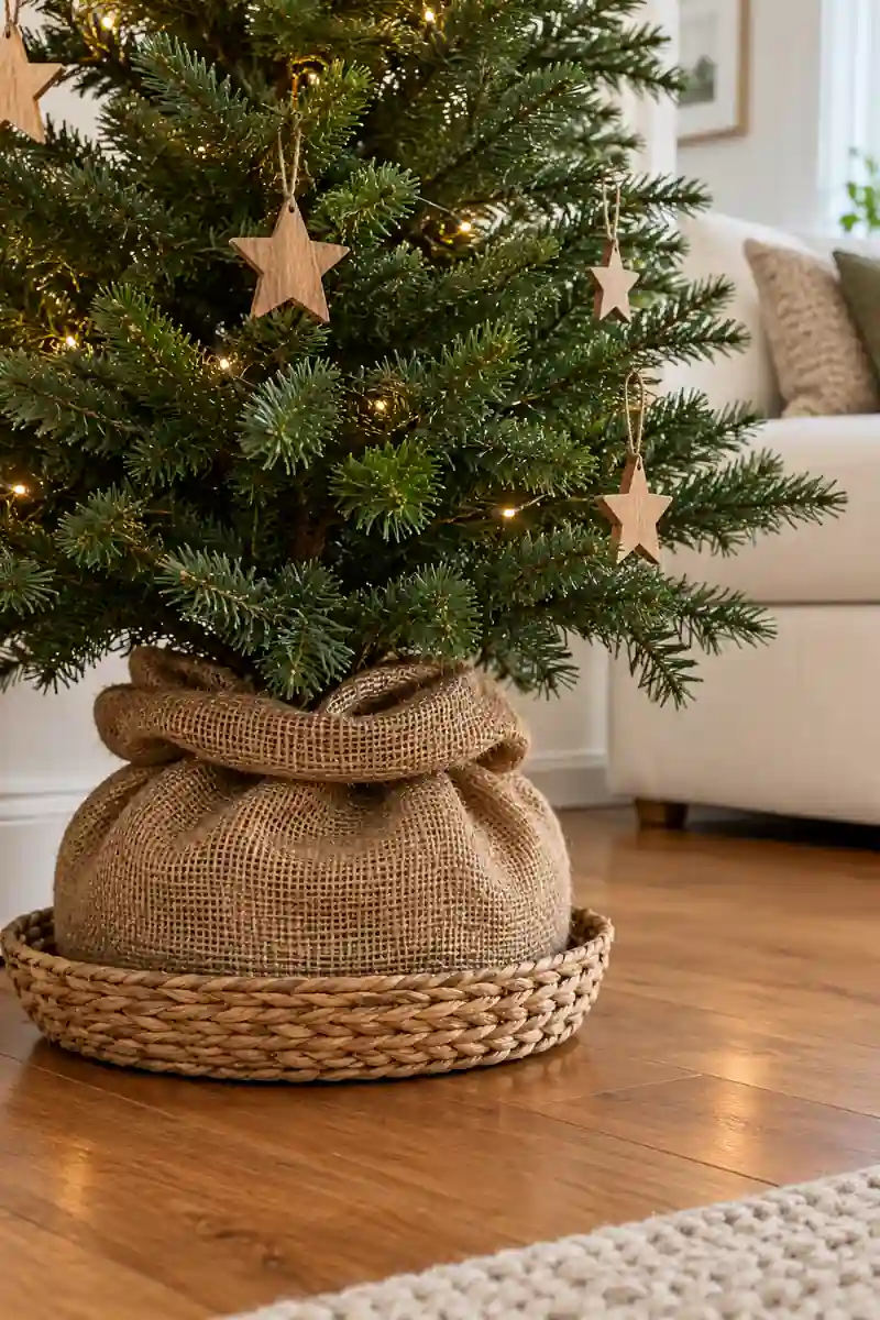Small Christmas tree with wooden stars and a neatly wrapped brown fabric base in a basket.