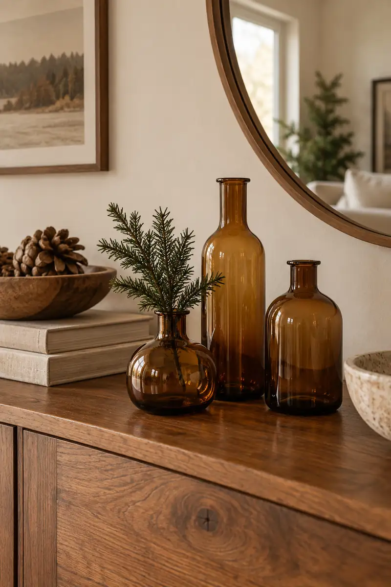Three amber glass vases with one short evergreen stem on a wooden console.