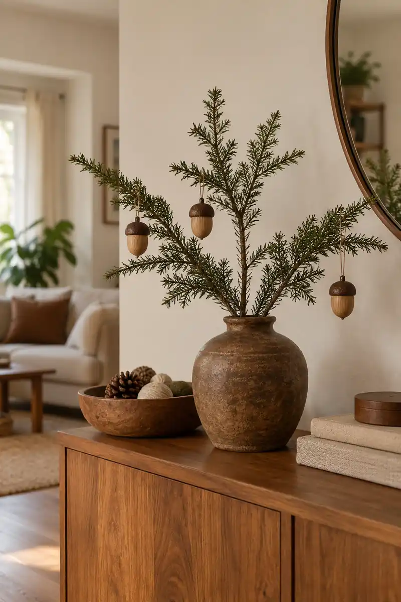 Branches in an earthy brown vase hung with small wooden acorn ornaments.