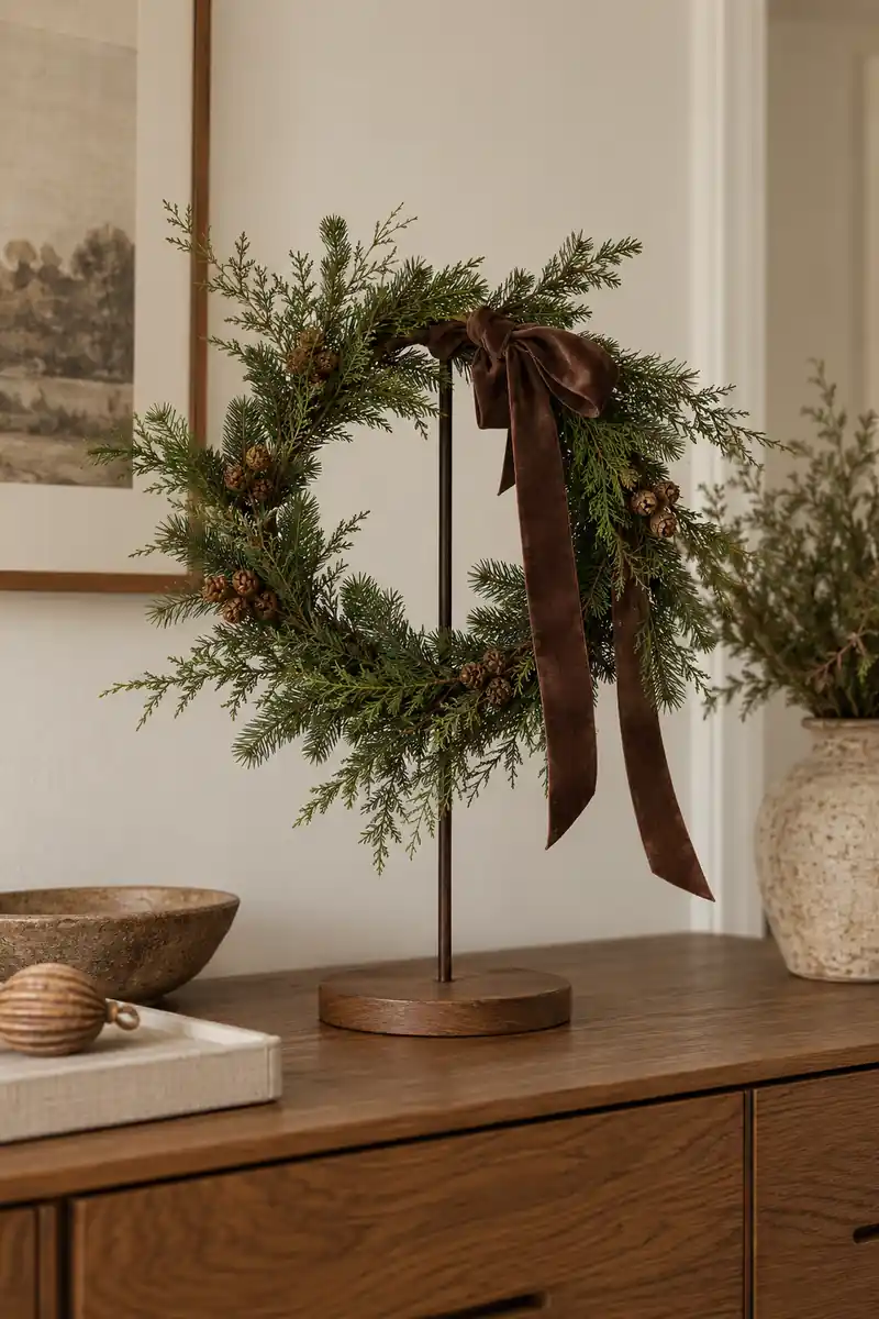 Evergreen wreath on a tabletop stand with a chocolate brown cotton bow.