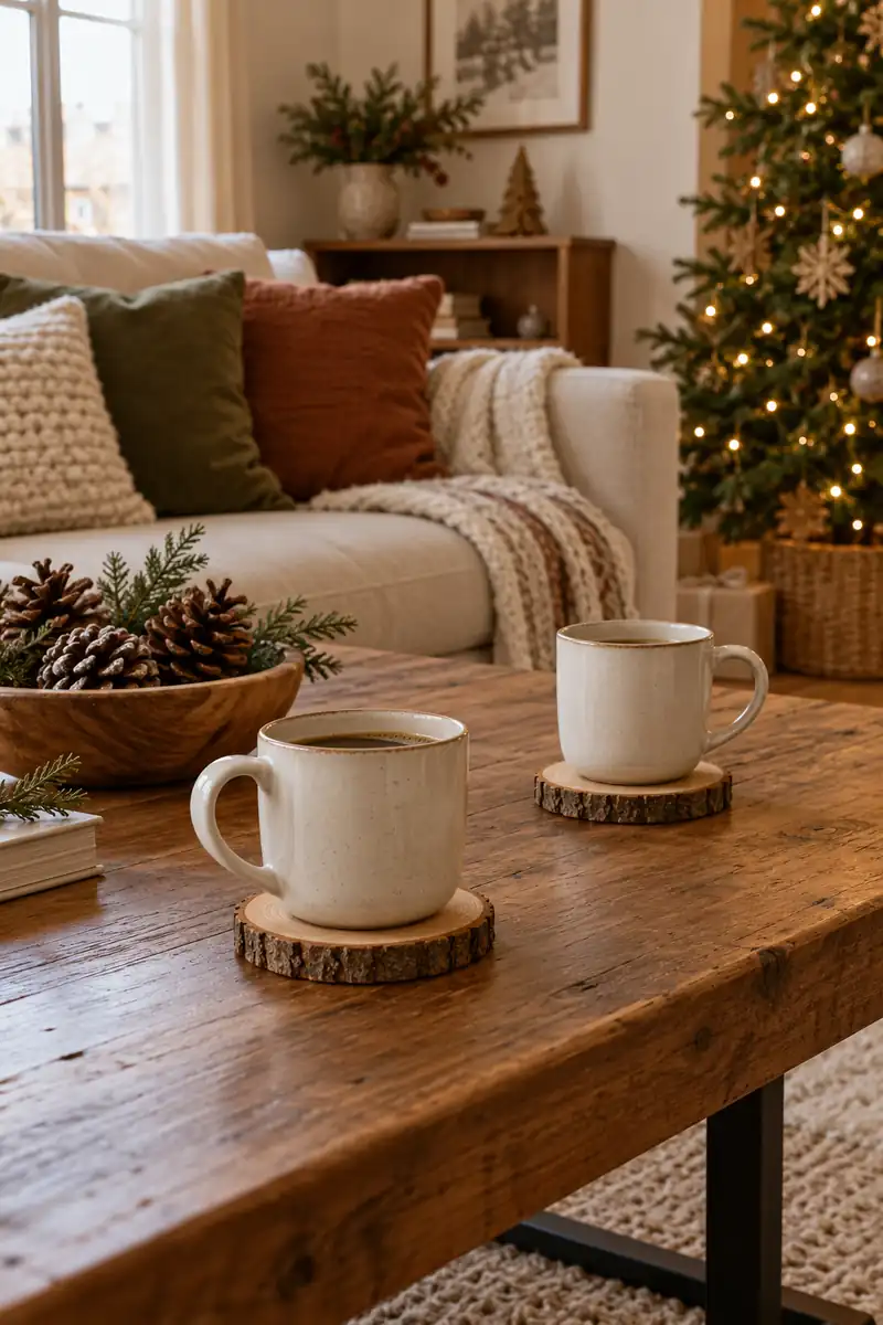 Wood slice coasters holding ceramic mugs beside a small bowl of pinecones.