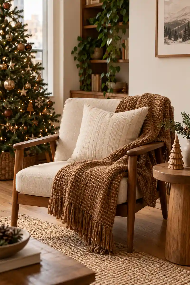 Reading chair with a caramel woven throw and a little wooden Christmas tree nearby.
