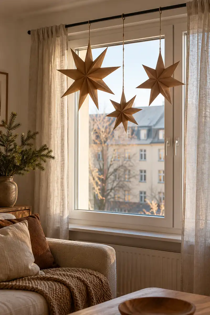 Three brown folded paper stars suspended inside a bright apartment window.