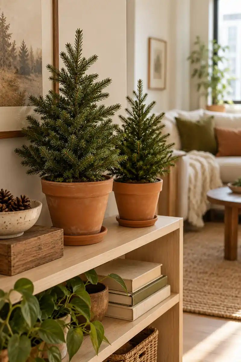 Two small evergreen Christmas trees in terracotta pots with matching saucers.