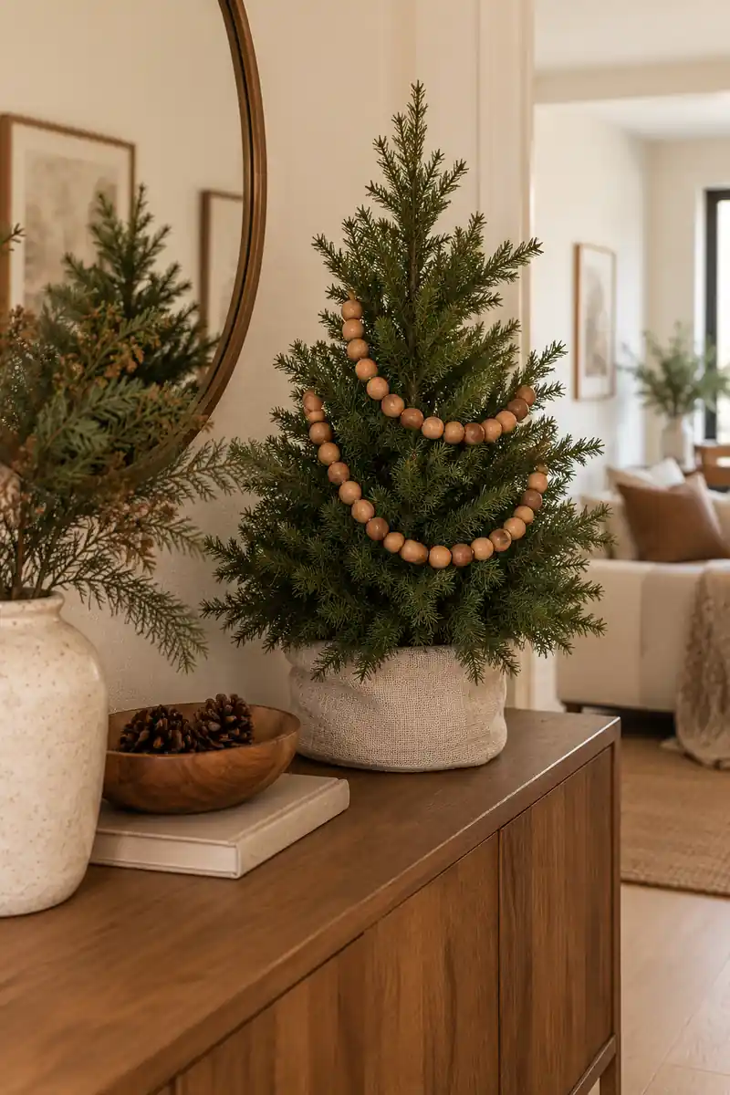 Small green tabletop tree with a natural wooden bead garland in loose loops.