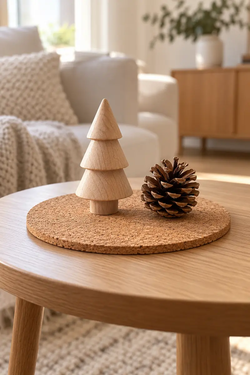 Small wooden tree and a natural pinecone arranged on a round cork mat.