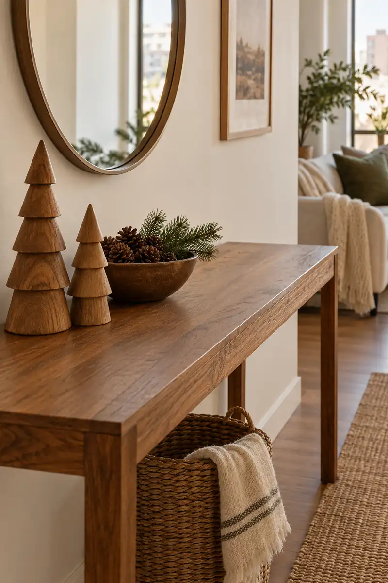 Apartment console with wooden trees, a brown pinecone bowl, and a short evergreen sprig.