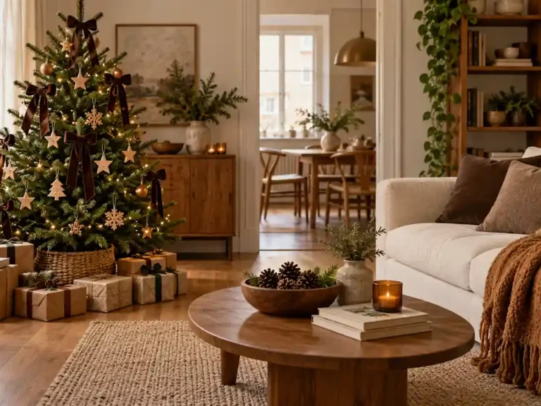 Warm apartment with brown textiles, wooden Christmas ornaments, pinecones, and kraft gifts.