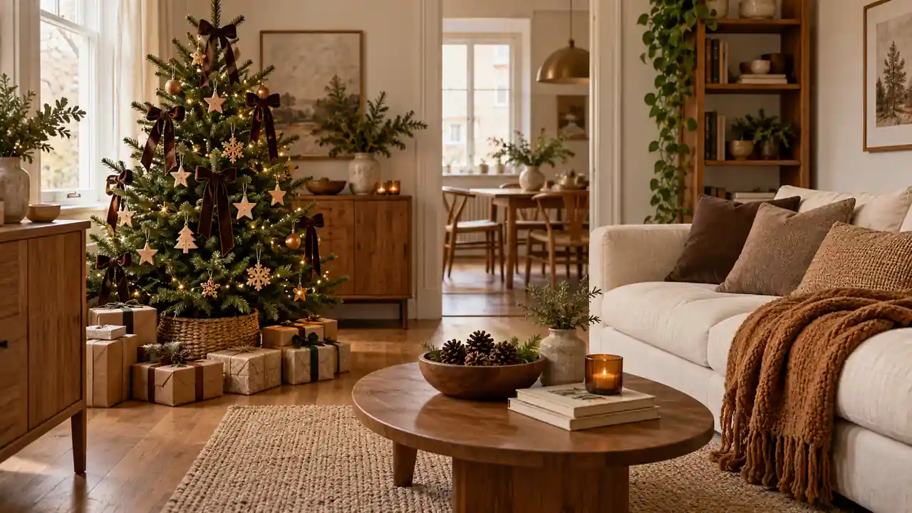 Warm apartment with brown textiles, wooden Christmas ornaments, pinecones, and kraft gifts.