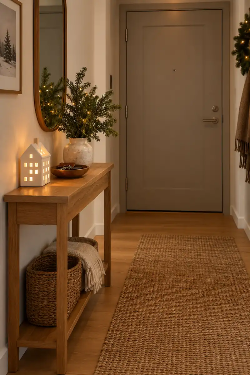 Narrow wooden entrance console with a lit ceramic house, evergreen vase and key bowl beside a closed door.
