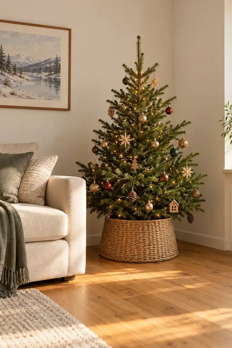 Small Christmas tree in a woven collar beside a cream sofa and clear wooden floor.