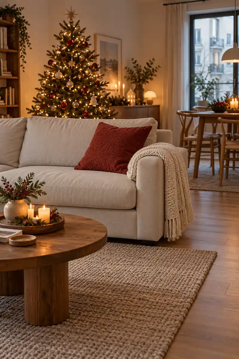 Red cushion and cream throw on one end of a pale sofa beside a decorated Christmas tree.