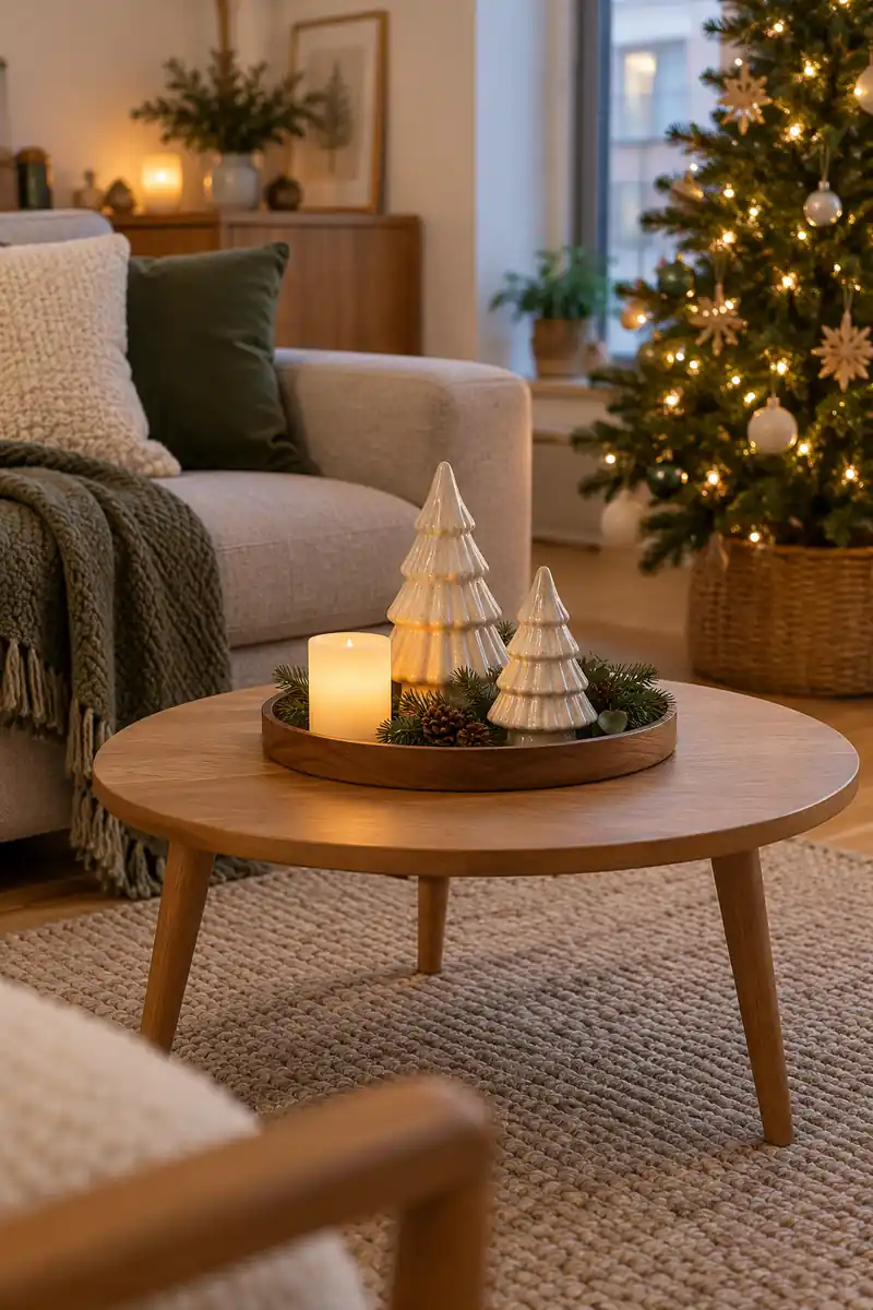 Two pale ceramic trees and a battery candle grouped on a round tray on a coffee table.
