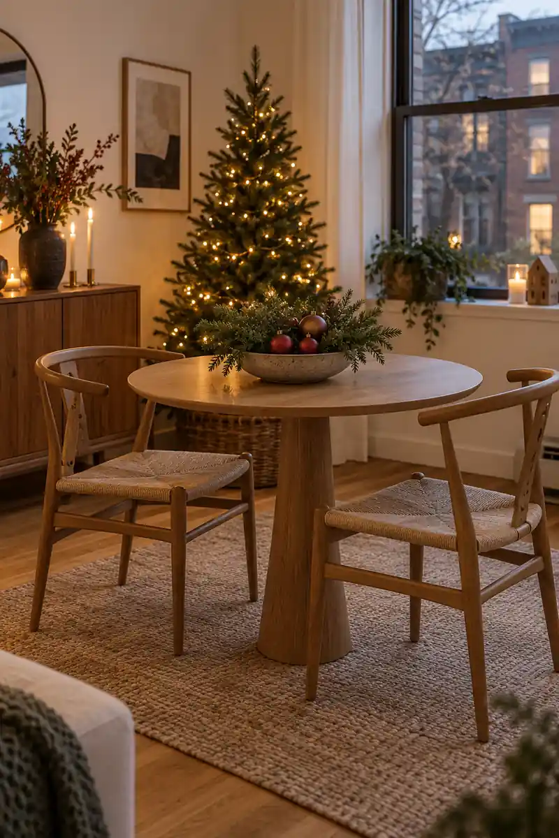Small round dining table with a low greenery bowl and ornaments beside a Christmas tree.