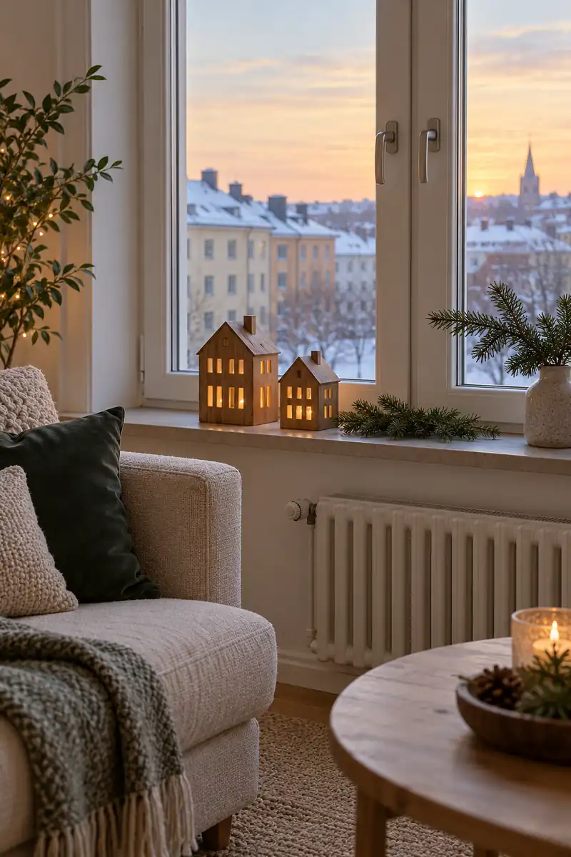 Two small wooden houses and greenery on a wide window sill with handles visible.