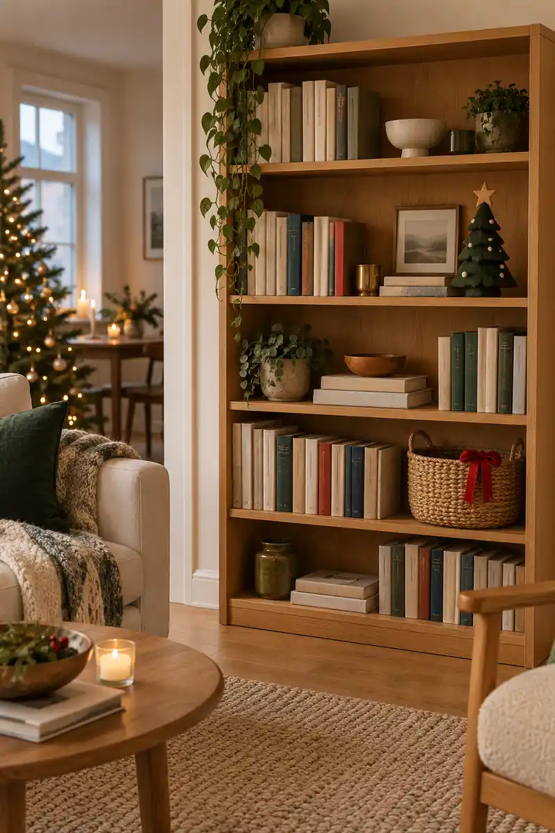 Wooden bookcase with books, a miniature tree and a woven basket tied with red ribbon.