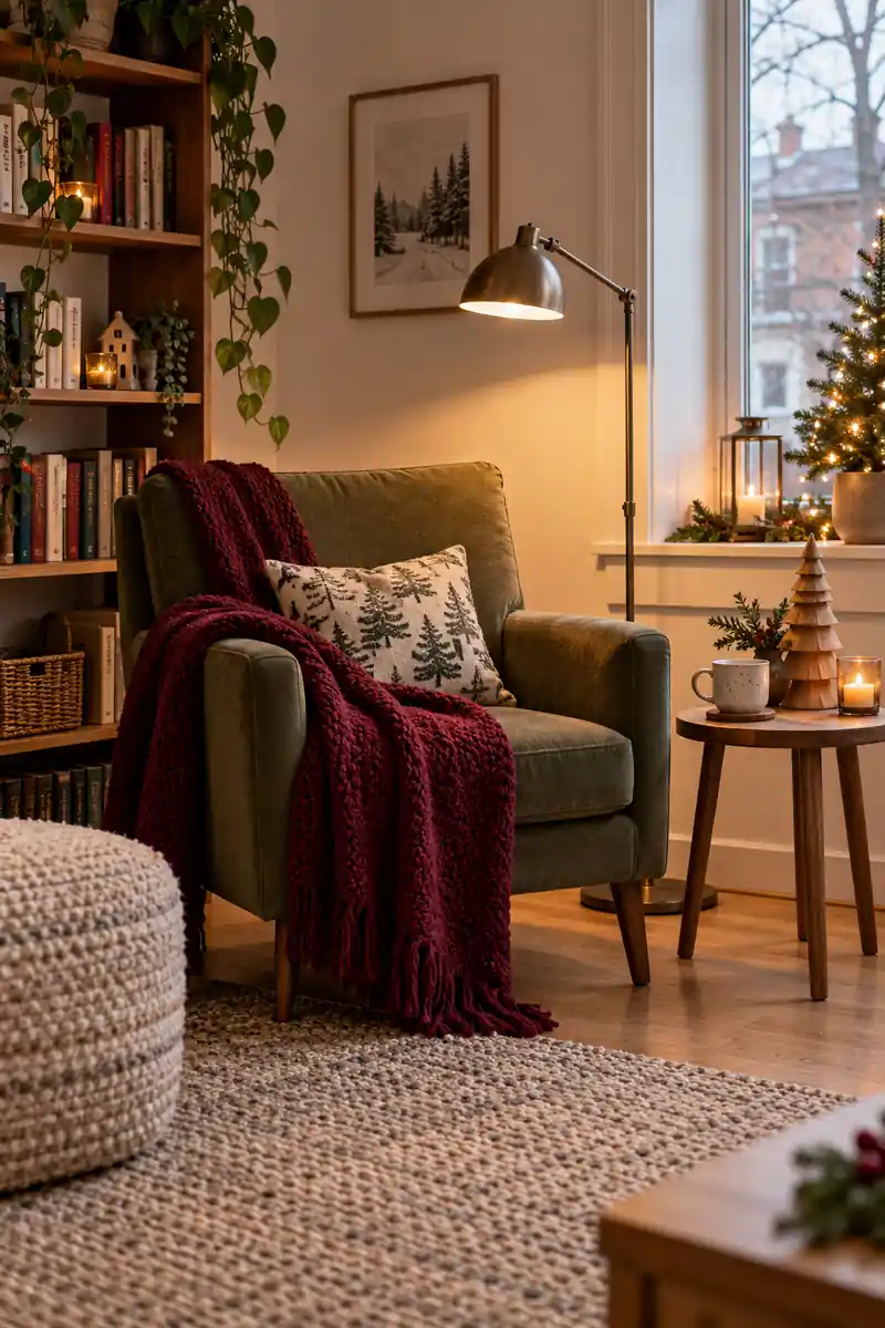 Olive reading chair with a burgundy throw, patterned cushion and nearby reading lamp.