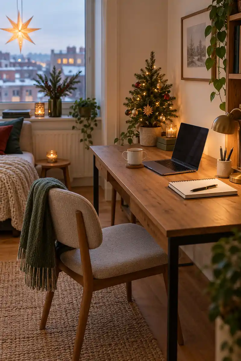 Wooden apartment desk with a laptop, notebook, lamp and small Christmas tree.